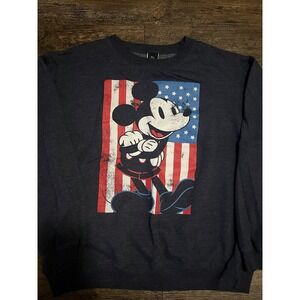 Mickey Mouse American Flag Crewneck Sweatshirt, Blue Long Sleeve Adult SZ Large